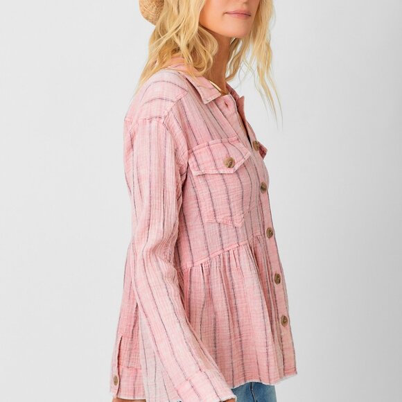 MYSTREE Pink Striped Button Front Shacket, Lightweight Gauze Jacket Top, Western - Picture 3 of 4